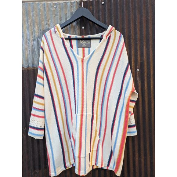 Poncho Hoodie Sweater Women Large Stripe Beach Surfer Coastal Cowgirl Vacation - Picture 1 of 11